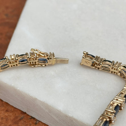 Estate 14KT Yellow Gold Oval Blue Sapphire + Diamond Tennis Bracelet