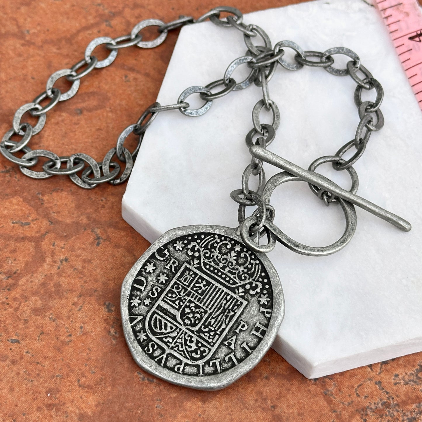 Estate Silver Pewter Tone Reversible Replica Coin Toggle Necklace