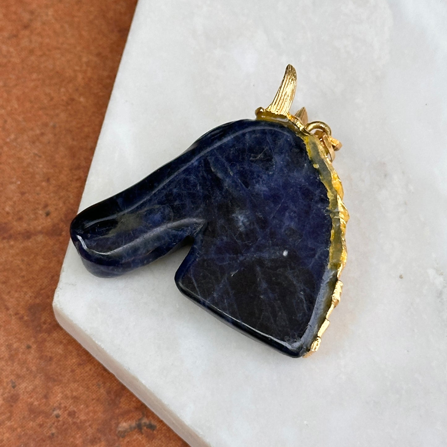 Estate Gold-Tone Carved Sodalite Horse Head Pendant