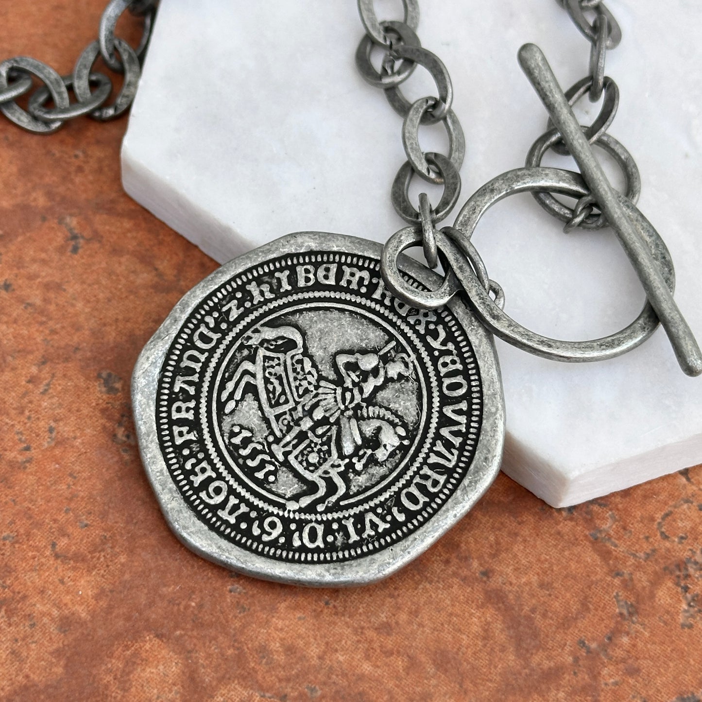 Estate Silver Pewter Tone Reversible Replica Coin Toggle Necklace