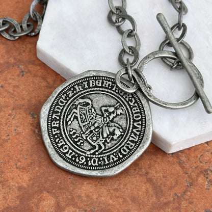 Estate Silver Pewter Tone Reversible Replica Coin Toggle Necklace