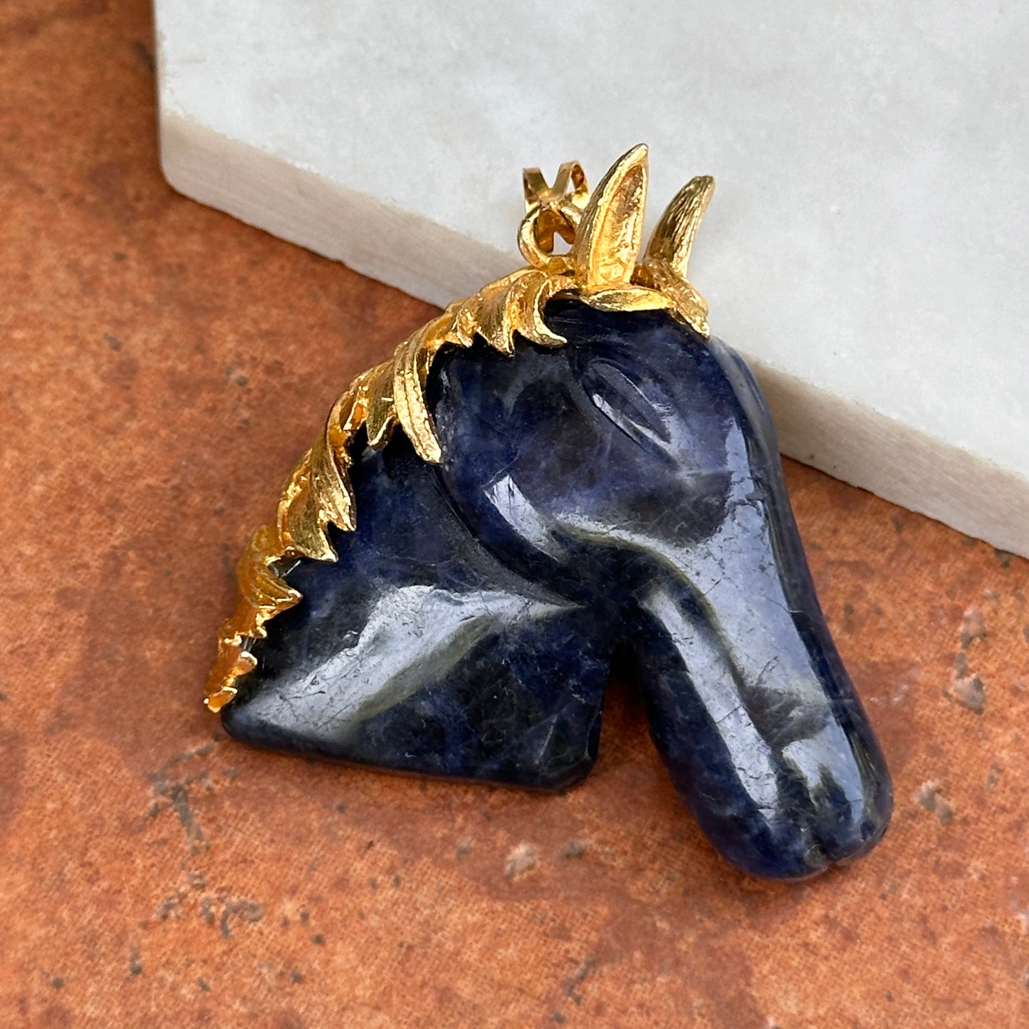 Estate Gold-Tone Carved Sodalite Horse Head Pendant