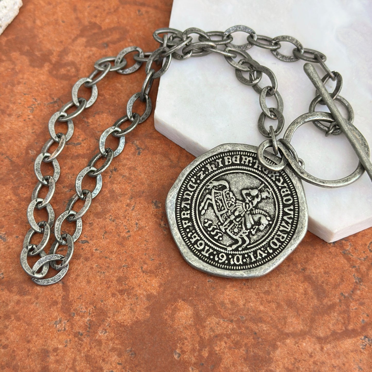 Estate Silver Pewter Tone Reversible Replica Coin Toggle Necklace