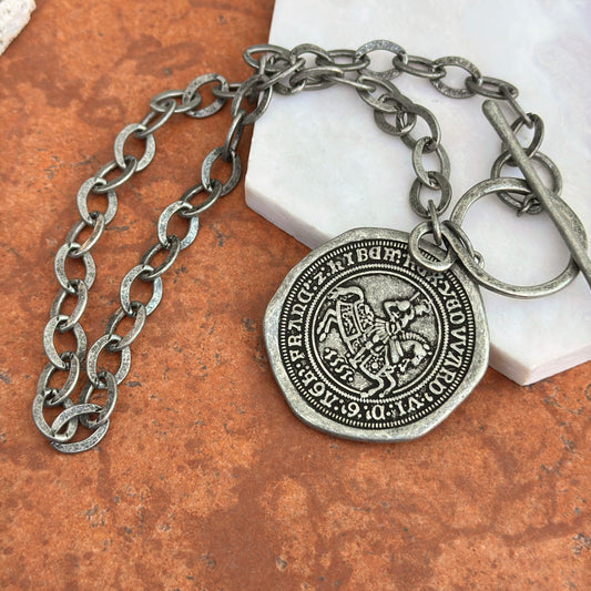 Estate Silver Pewter Tone Reversible Replica Coin Toggle Necklace