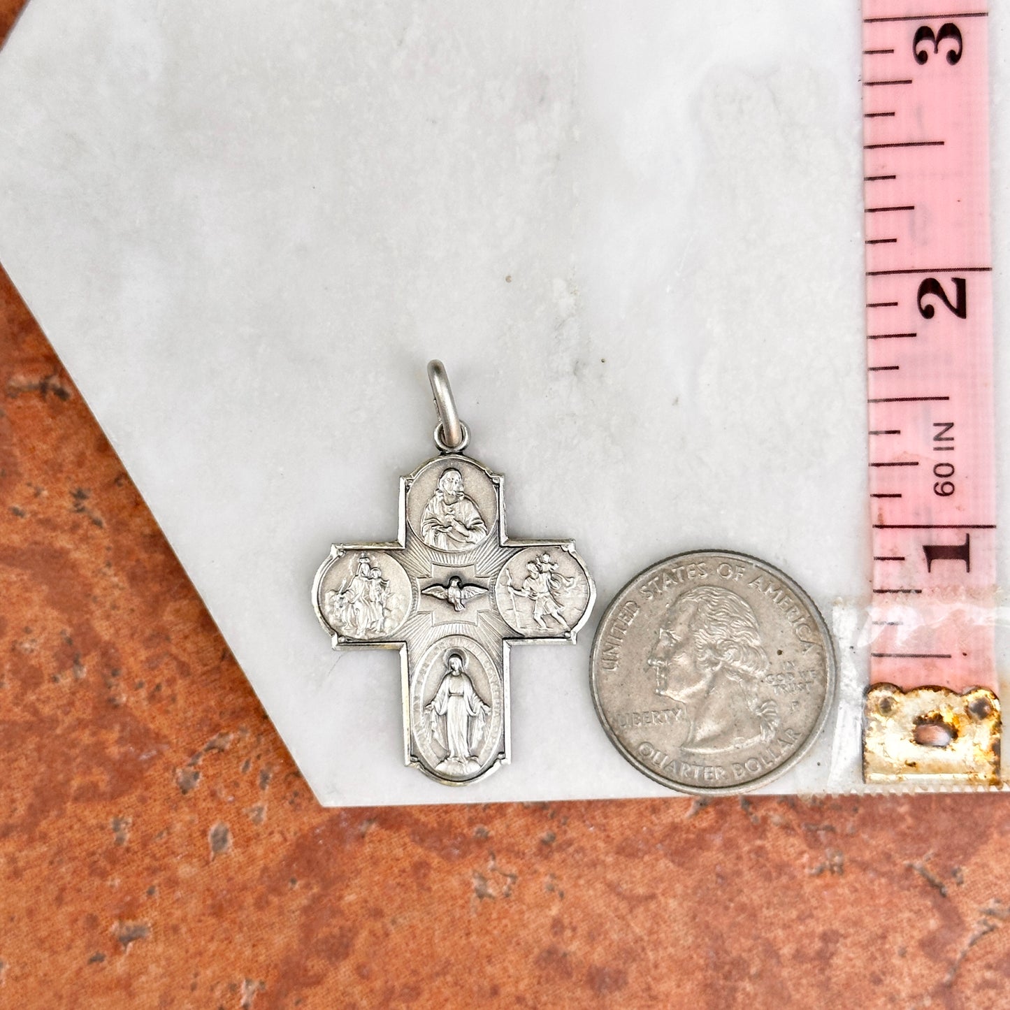 Sterling Silver Matte Four Way Cross Medal Cruciform Pendant 37mm