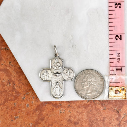 Sterling Silver Matte Four Way Cross Medal Cruciform Pendant 37mm