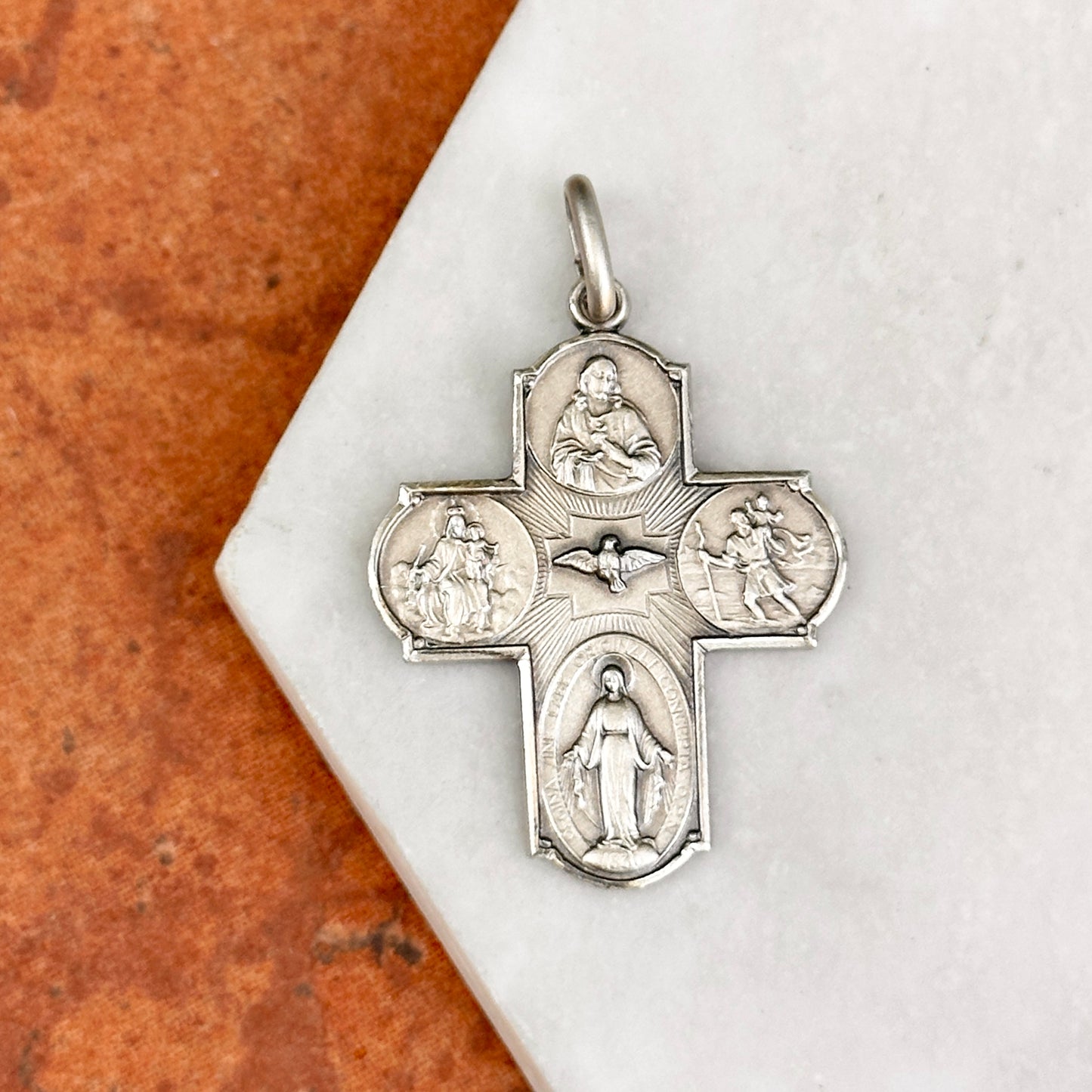 Sterling Silver Matte Four Way Cross Medal Cruciform Pendant 37mm