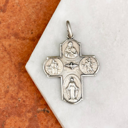 Sterling Silver Matte Four Way Cross Medal Cruciform Pendant 37mm