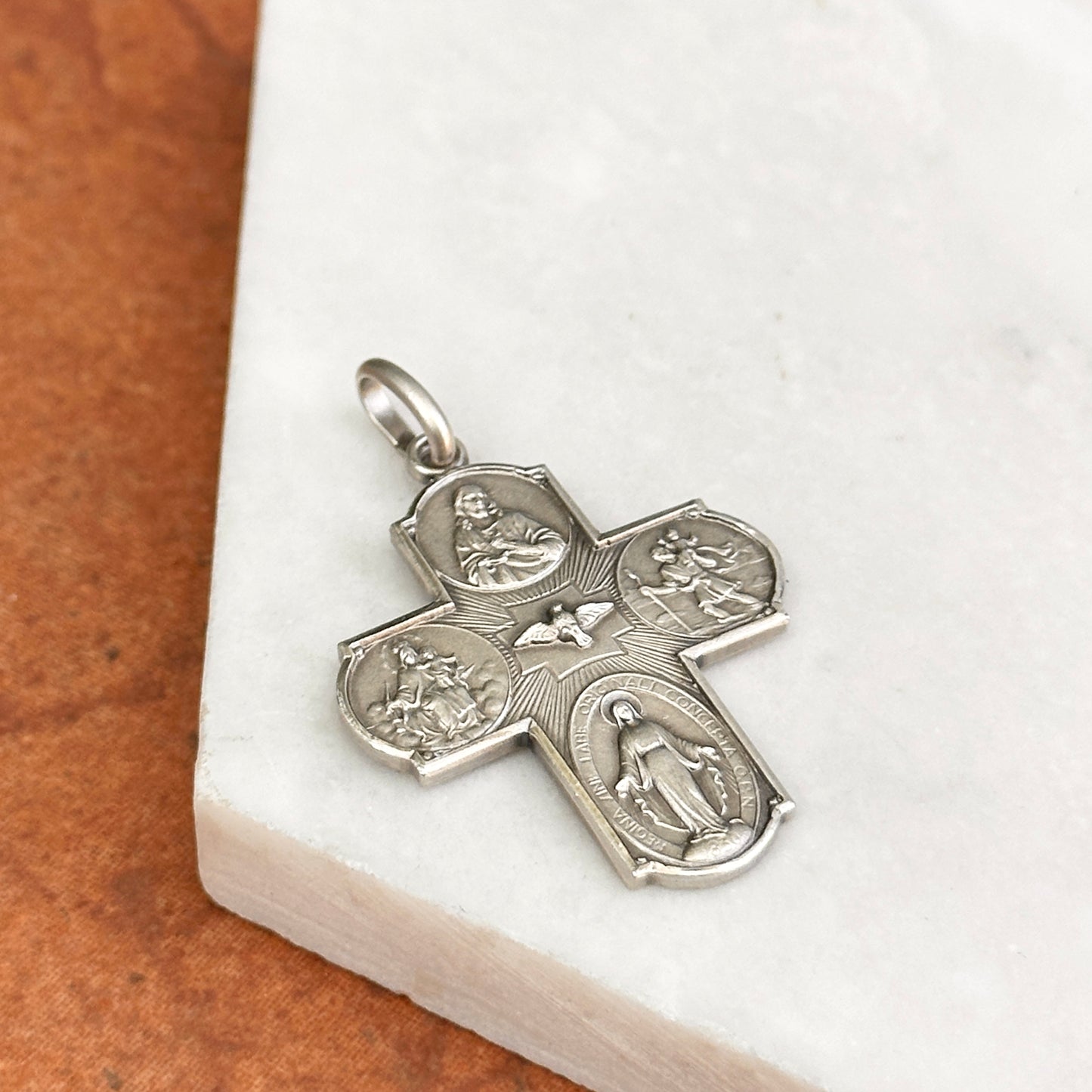 Sterling Silver Matte Four Way Cross Medal Cruciform Pendant 37mm