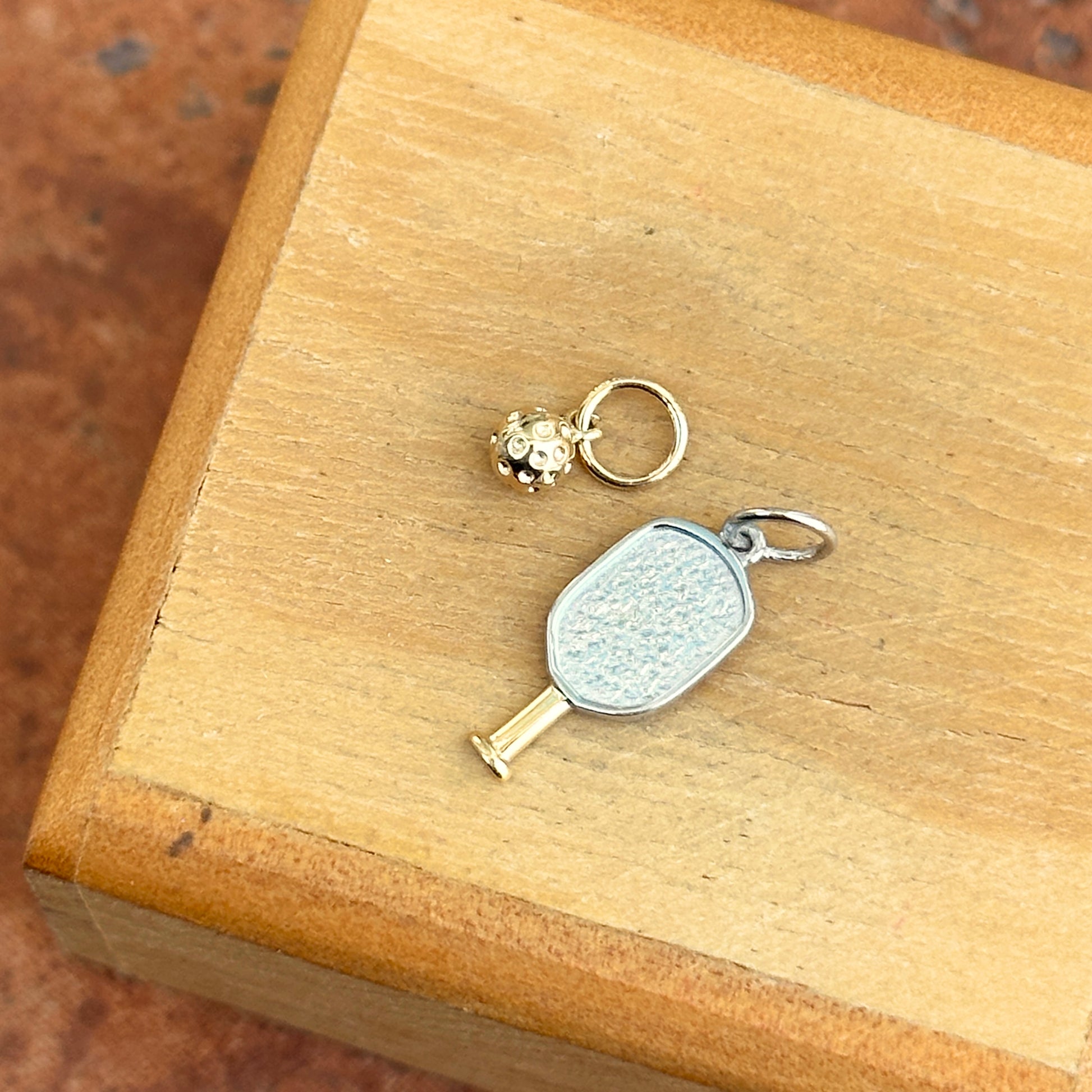 14KT Yellow & White Gold Textured 3-D Pickleball Paddle + Ball Pendant Charm Set - LSJ