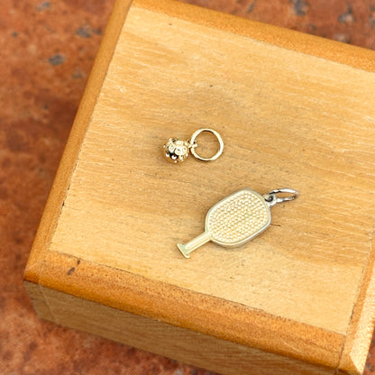 14KT Yellow & White Gold Textured 3-D Pickleball Paddle + Ball Pendant Charm Set - LSJ