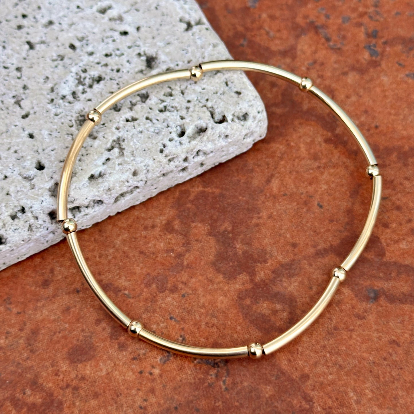 14K Yellow Gold-Filled Polished Elastic Tube Ball Bead Bracelet  6.75" - LSJ