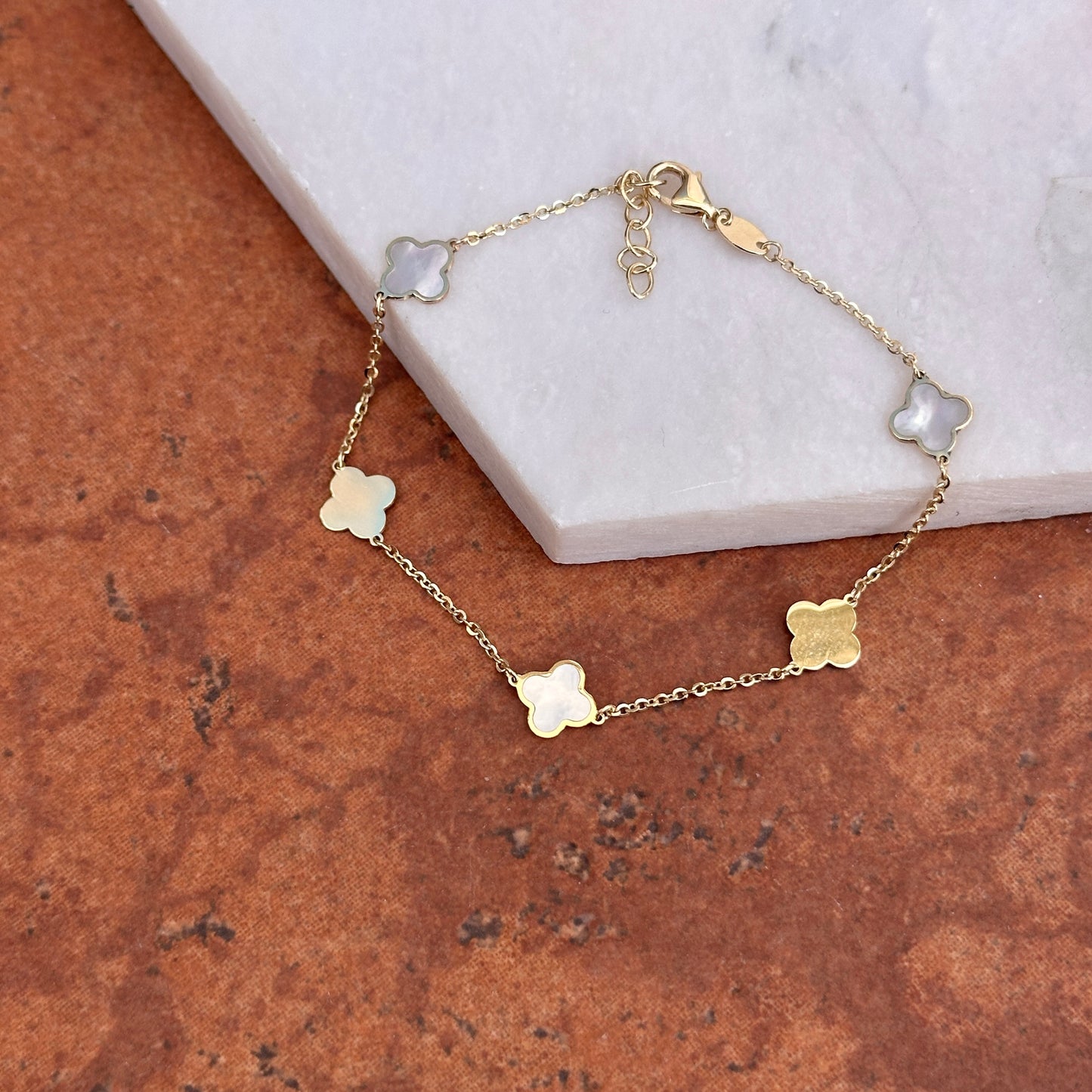 14KT Yellow Gold 7mm Gold + Mother of Pearl Clover Station Bracelet