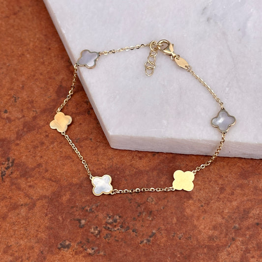 14KT Yellow Gold 7mm Gold + Mother of Pearl Clover Station Bracelet