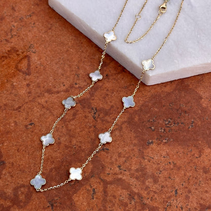 14KT Yellow Gold Mother of Pearl Clover Station Chain Necklace