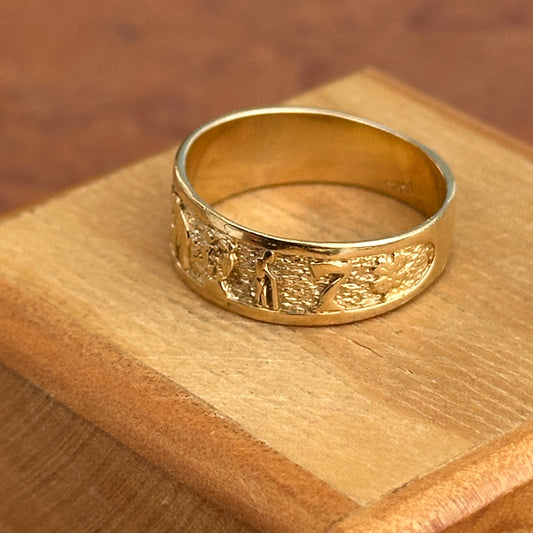 Estate 14KT Yellow Gold Lucky Cigar Band Ring Horseshoe Owl Farmer Elephant Clover Evil Eye Seven - LSJ