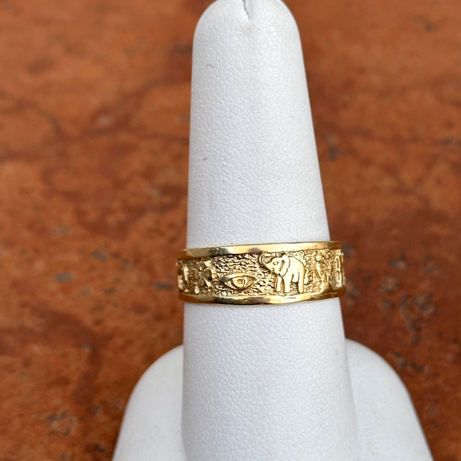 Estate 14KT Yellow Gold Lucky Cigar Band Ring Horseshoe Owl Farmer Elephant Clover Evil Eye Seven - LSJ