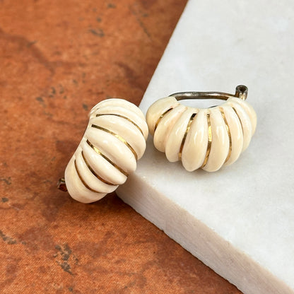 Estate Sterling Silver Yellow Oval Inly Cream Enamel Non-Pierced Earrings