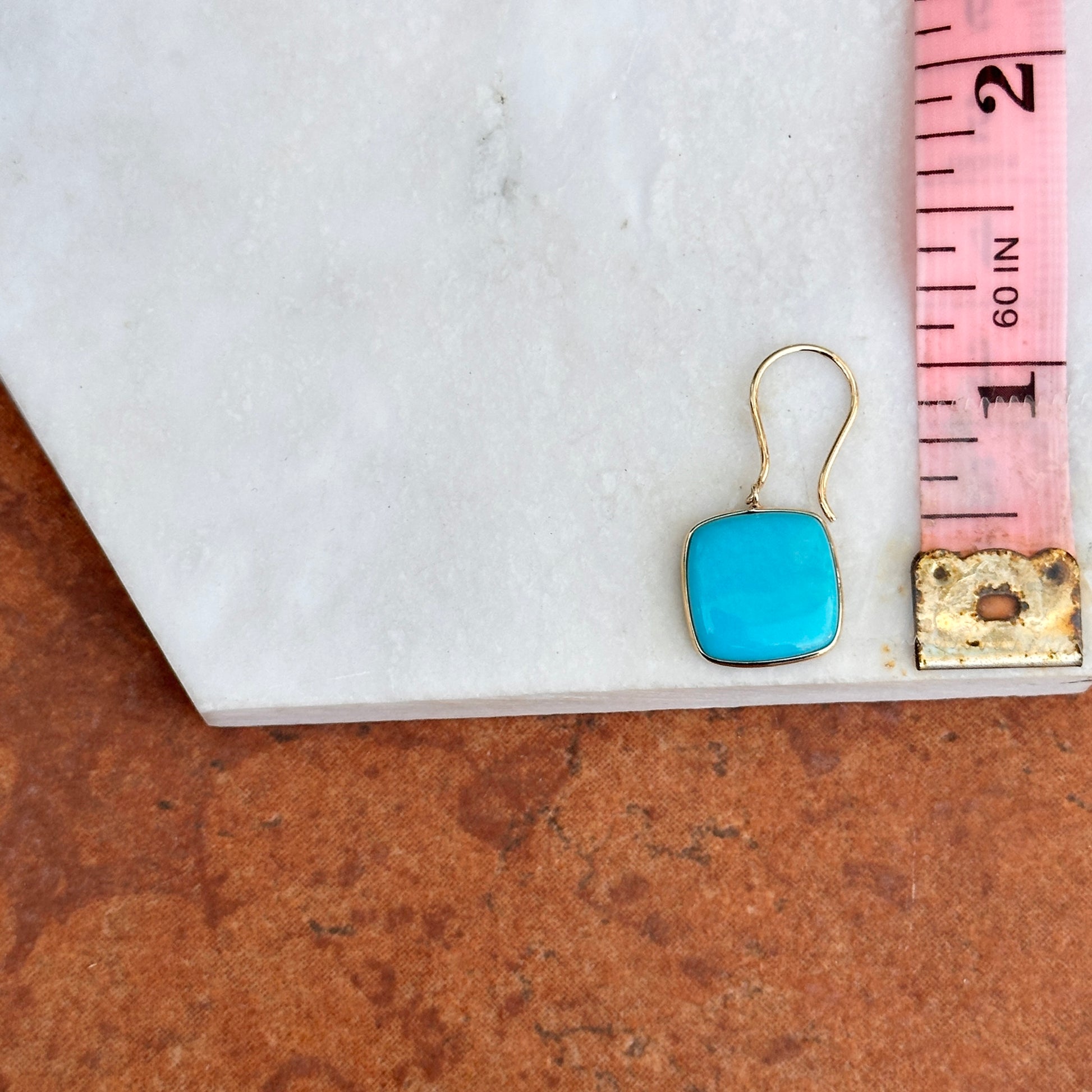 14KT Yellow Gold Cabochon Square Turquoise Bezel Wire Earrings - LSJ
