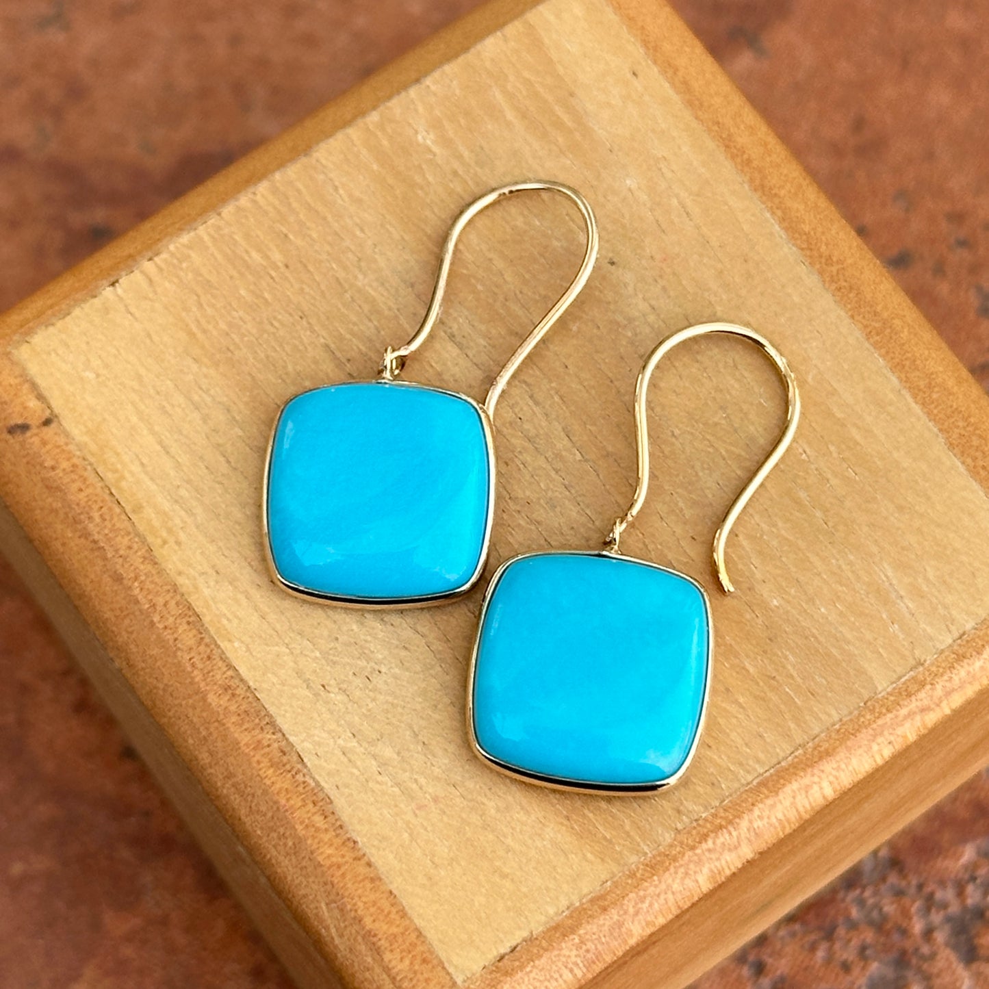 14KT Yellow Gold Cabochon Square Turquoise Bezel Wire Earrings - LSJ