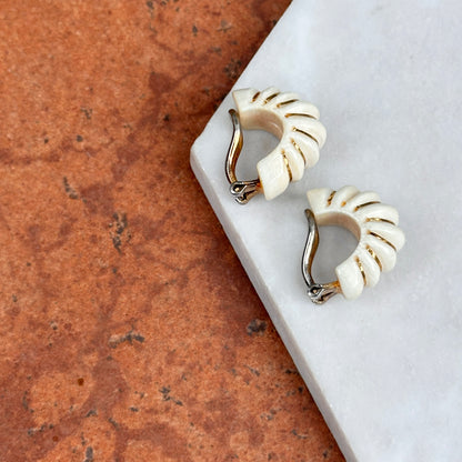 Estate Sterling Silver Yellow Oval Inly Cream Enamel Non-Pierced Earrings