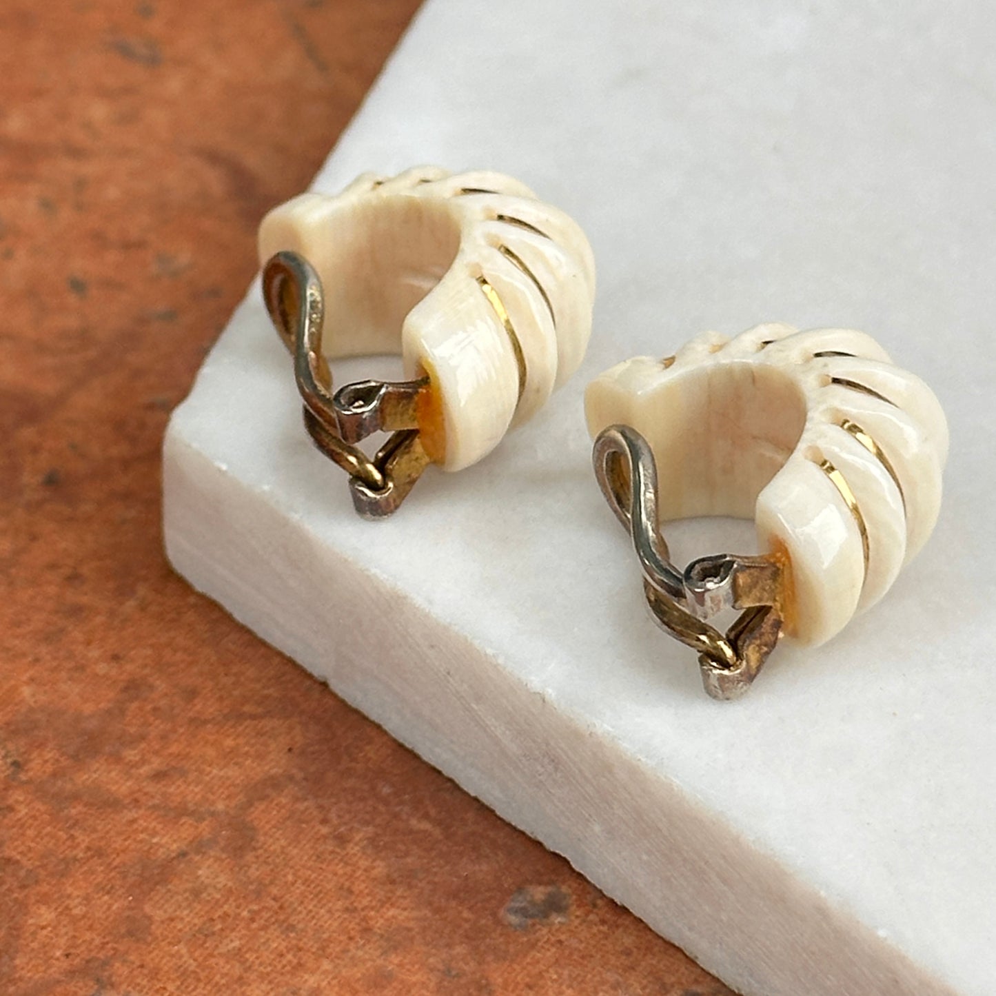 Estate Sterling Silver Yellow Oval Inly Cream Enamel Non-Pierced Earrings