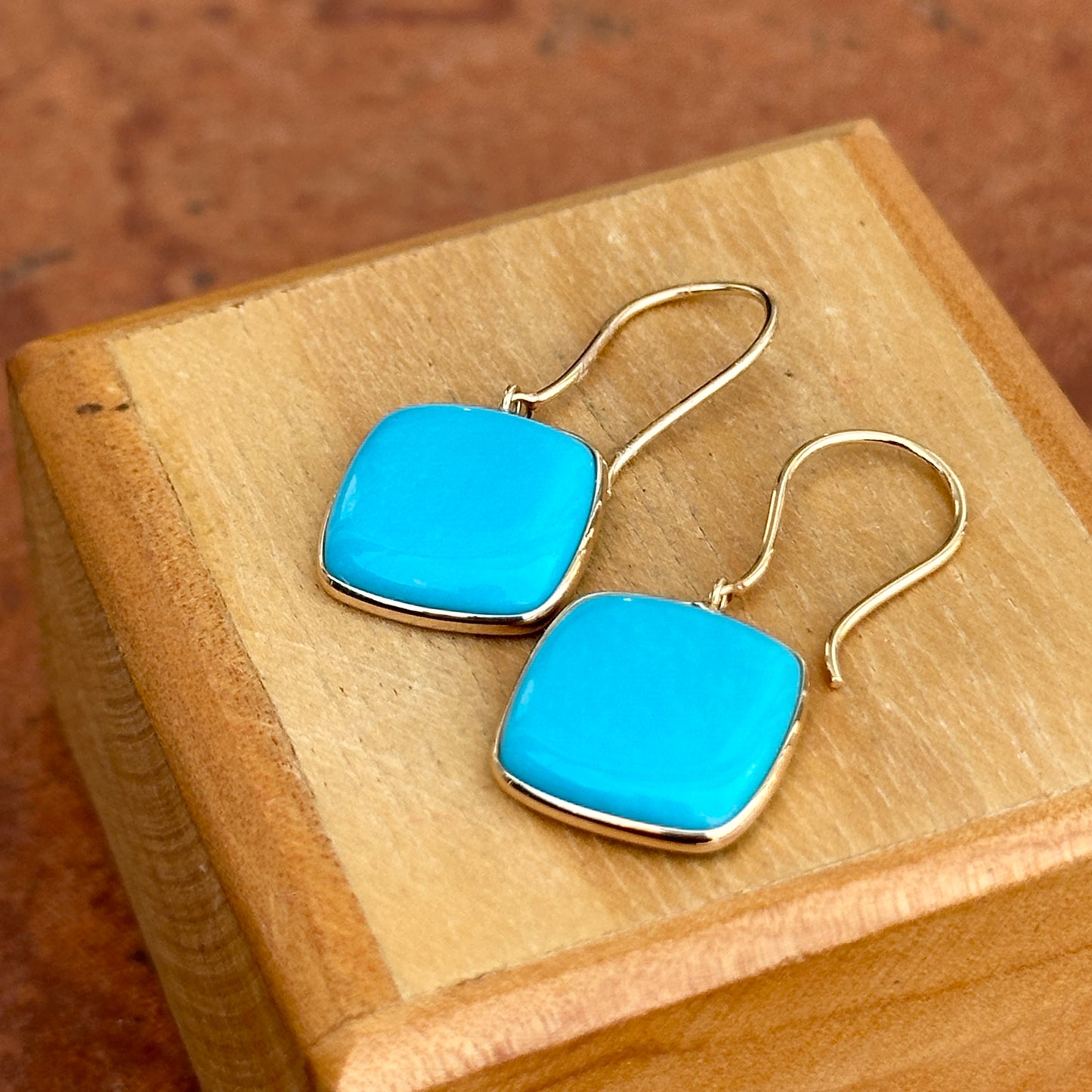 14KT Yellow Gold Cabochon Square Turquoise Bezel Wire Earrings - LSJ
