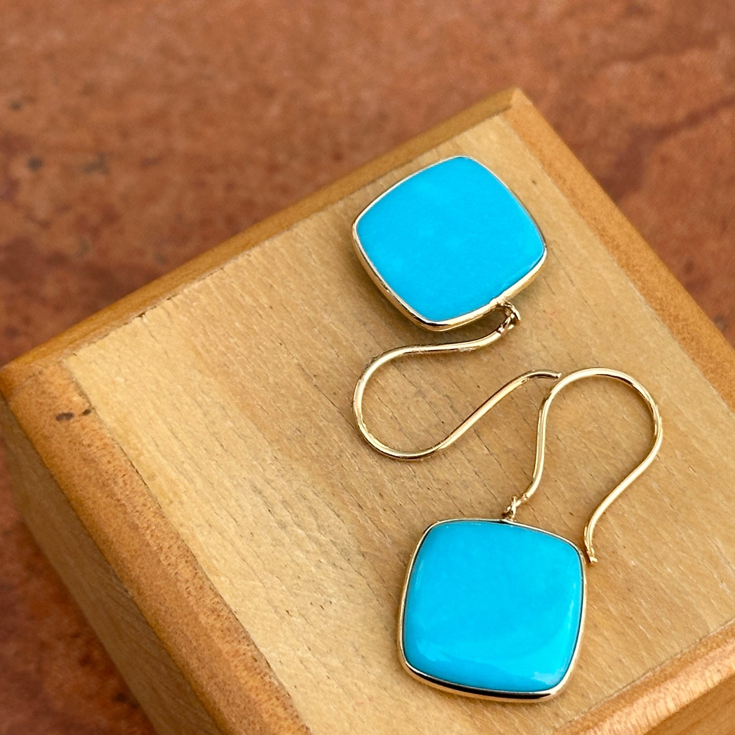 14KT Yellow Gold Cabochon Square Turquoise Bezel Wire Earrings - LSJ