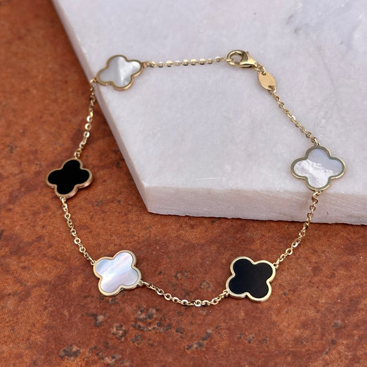 14KT Yellow Gold Black Onyx + Mother of Pearl 10mm 4 Leaf Cover Charm Chain Bracelet