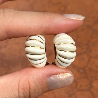 Estate Sterling Silver Yellow Oval Inly Cream Enamel Non-Pierced Earrings