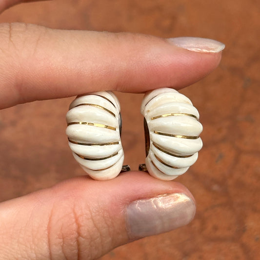 Estate Sterling Silver Yellow Oval Inly Cream Enamel Non-Pierced Earrings