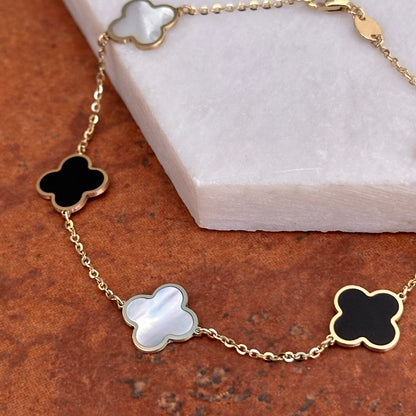 14KT Yellow Gold Black Onyx + Mother of Pearl 10mm 4 Leaf Cover Charm Chain Bracelet