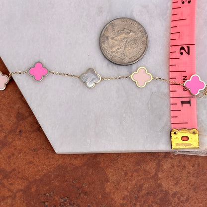 14KT Yellow Gold Pink Enamel + Mother of Pearl 10mm 4 Leaf Cover Charm Bracelet