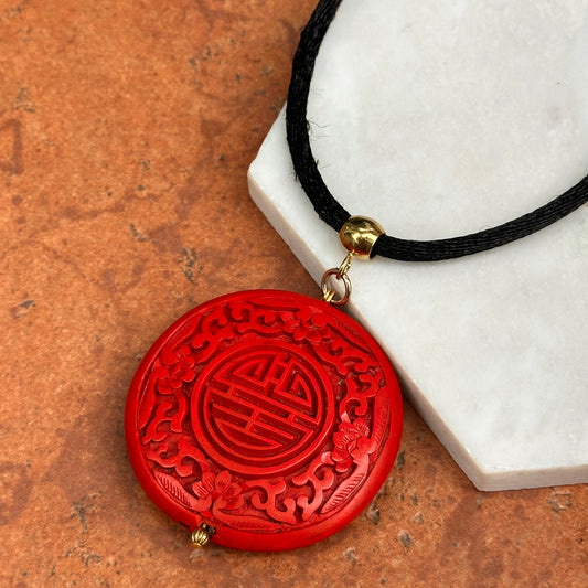 Vintage Yellow Plated Large Cinnabar Pendant + Satin Cord Necklace