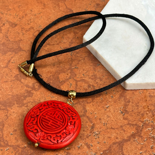 Vintage Yellow Plated Large Cinnabar Pendant + Satin Cord Necklace