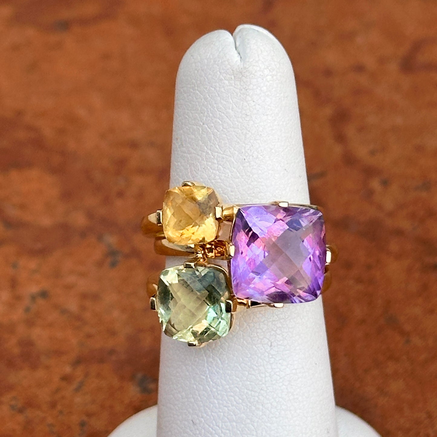 Estate 14KT Yellow Gold Faceted Purple & Green Amethyst + Citrine Interlocking Ring