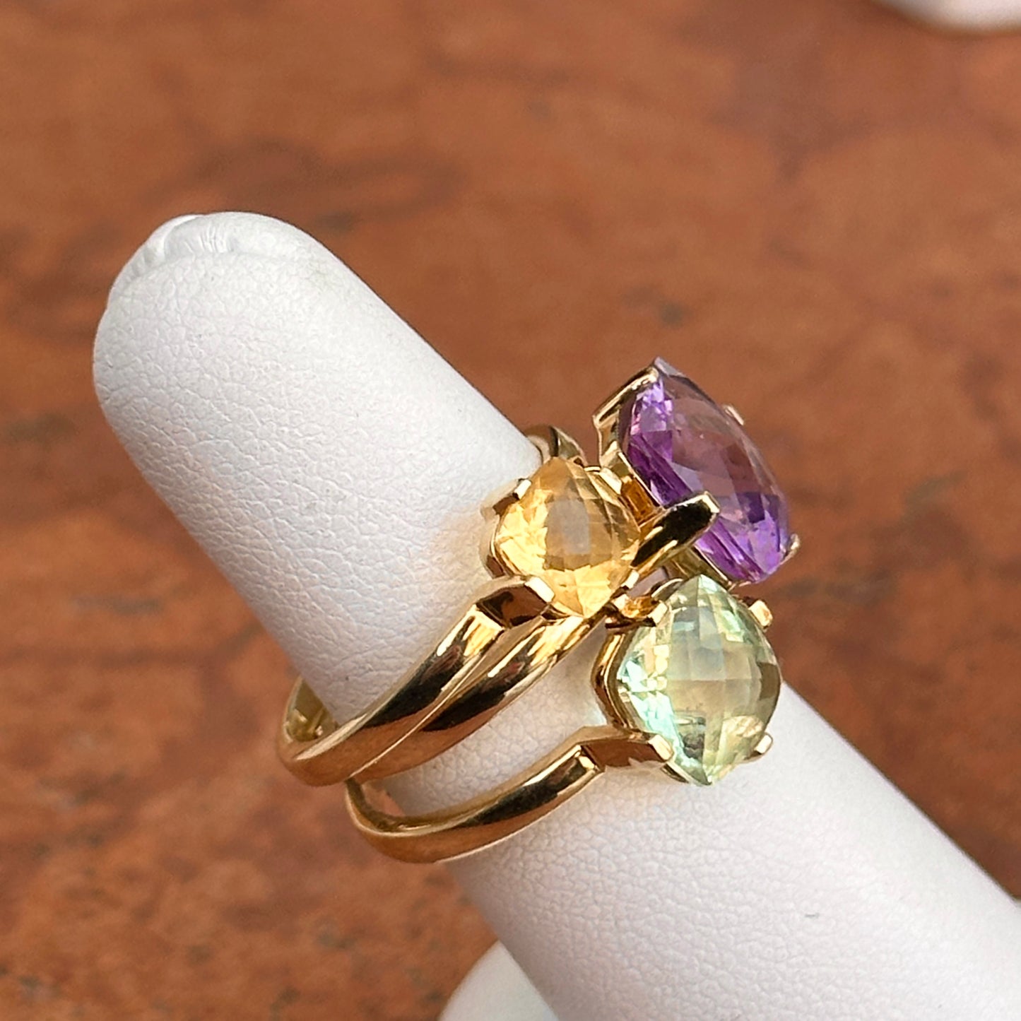Estate 14KT Yellow Gold Faceted Purple & Green Amethyst + Citrine Interlocking Ring