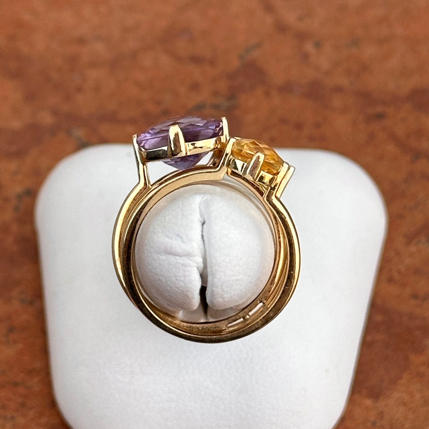 Estate 14KT Yellow Gold Faceted Purple & Green Amethyst + Citrine Interlocking Ring