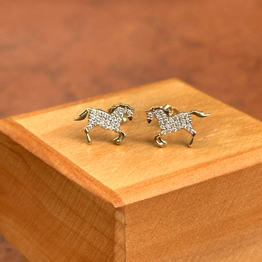 14K Yellow Gold Round Diamond Horse Stud Pierced Earrings