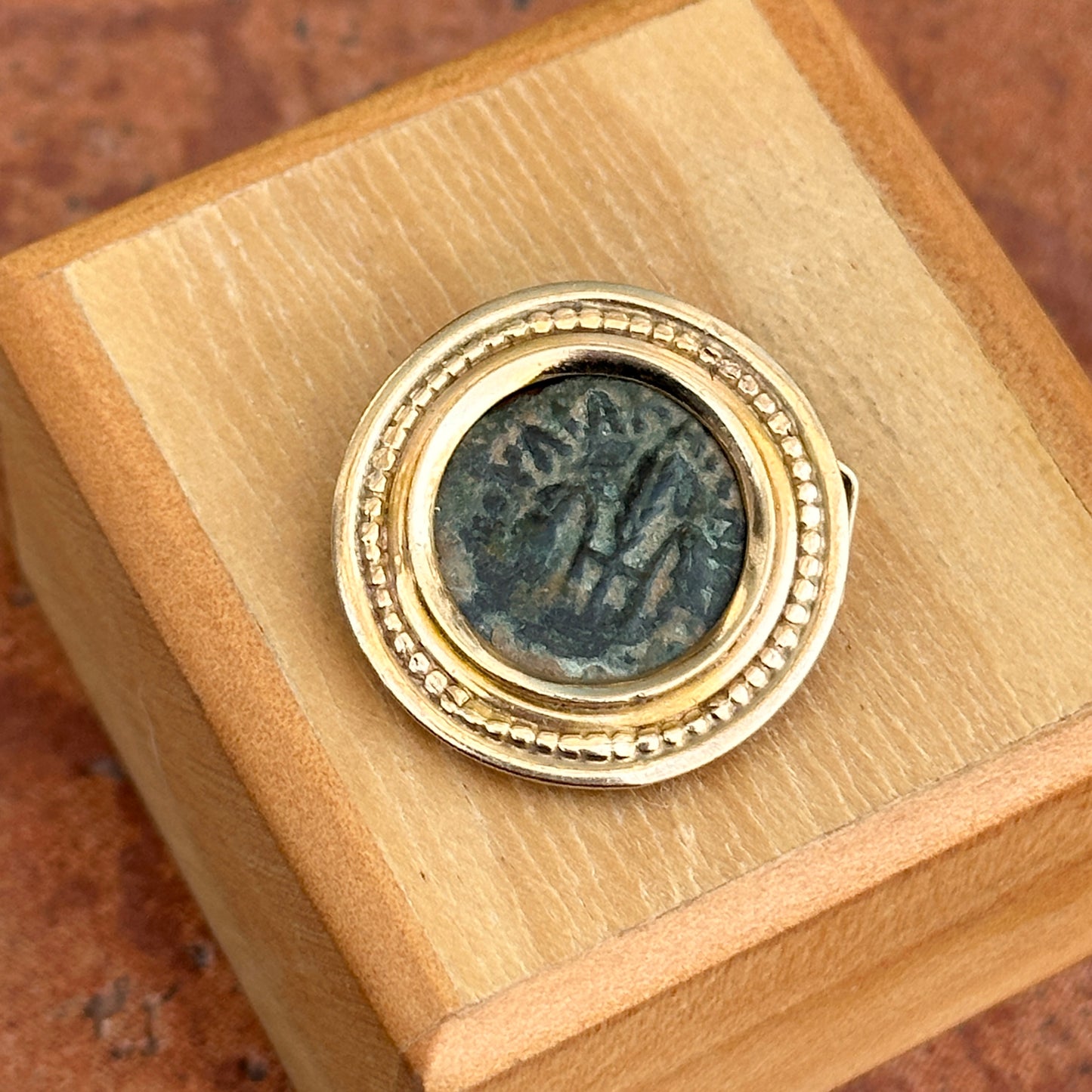 Estate 14KT Yellow Gold Antique Bronze Roman Coin Pendant Slide Bezel - LSJ
