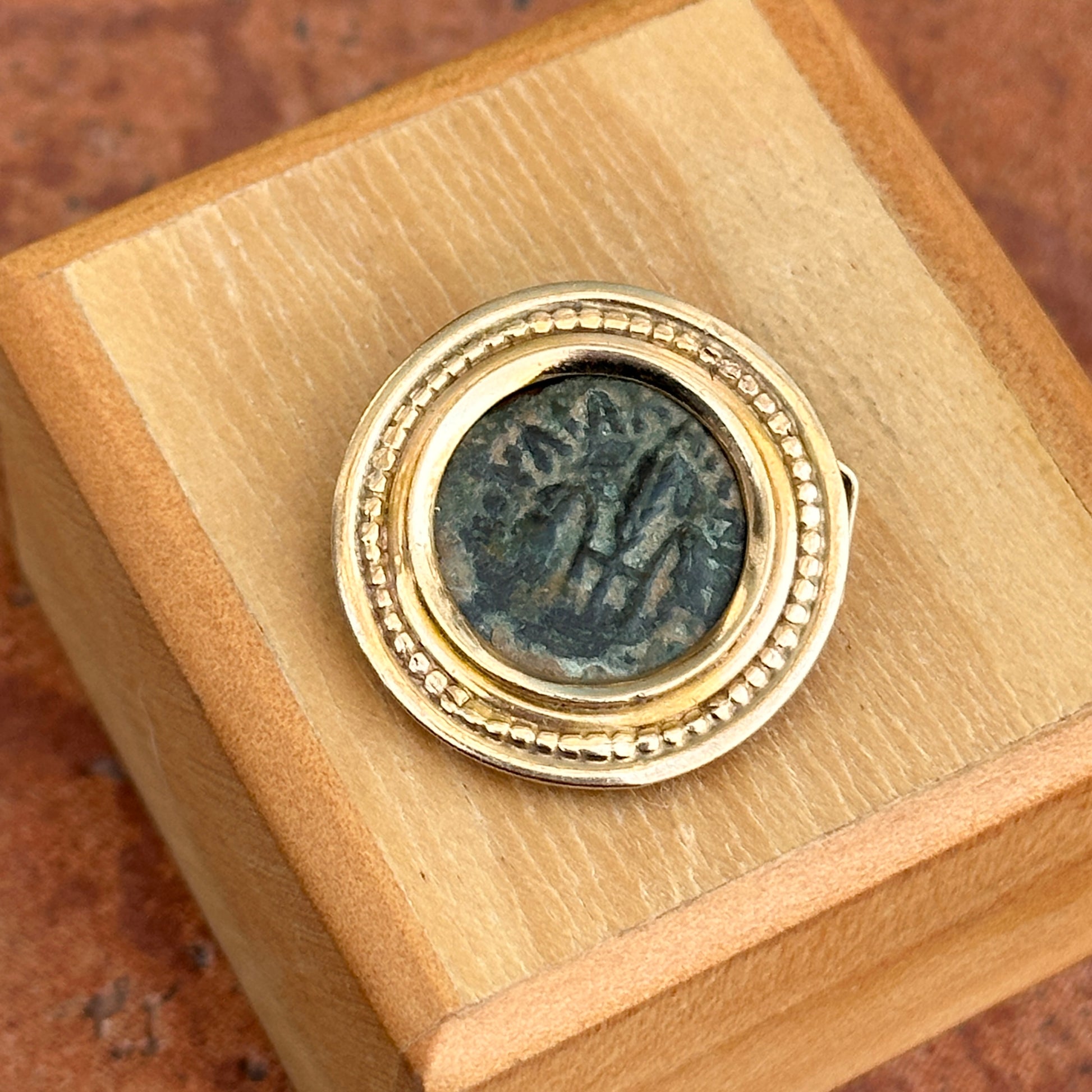 Estate 14KT Yellow Gold Antique Bronze Roman Coin Pendant Slide Bezel - LSJ