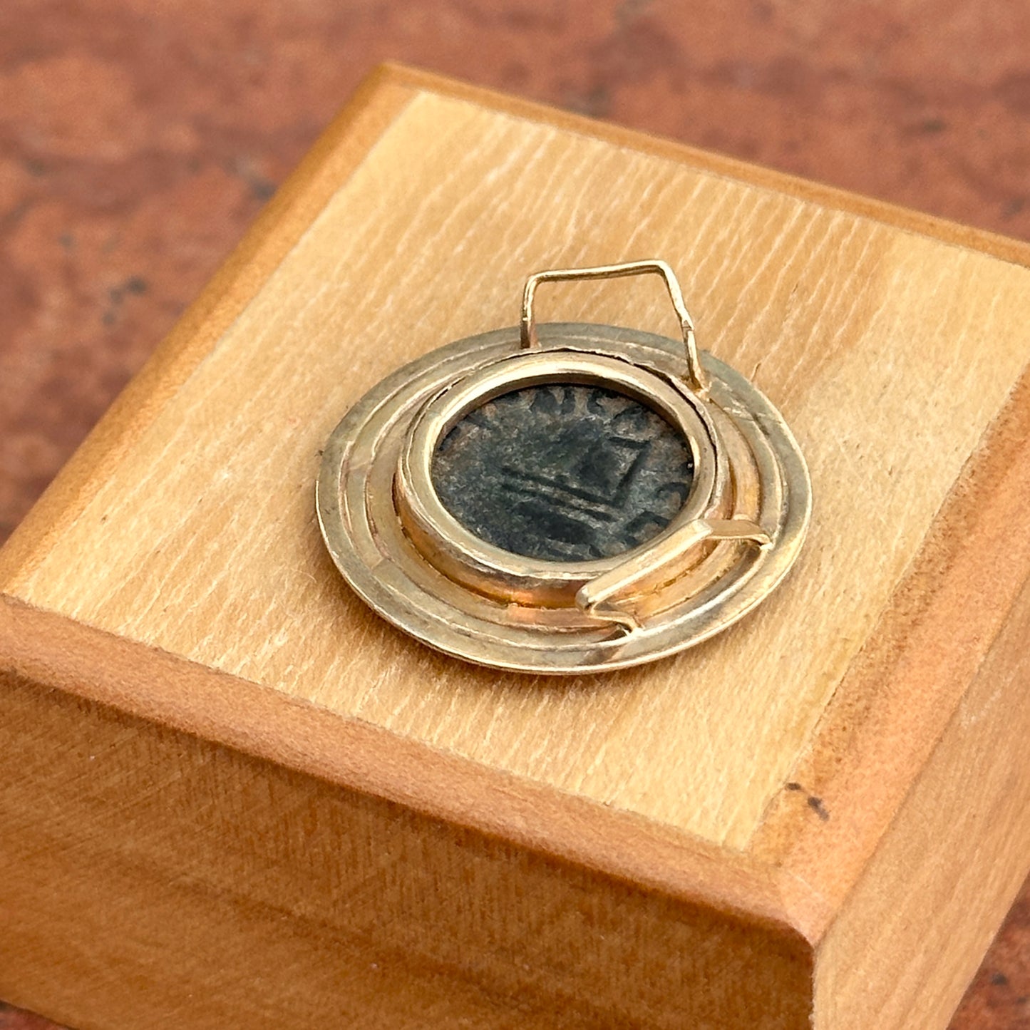 Estate 14KT Yellow Gold Antique Bronze Roman Coin Pendant Slide Bezel - LSJ