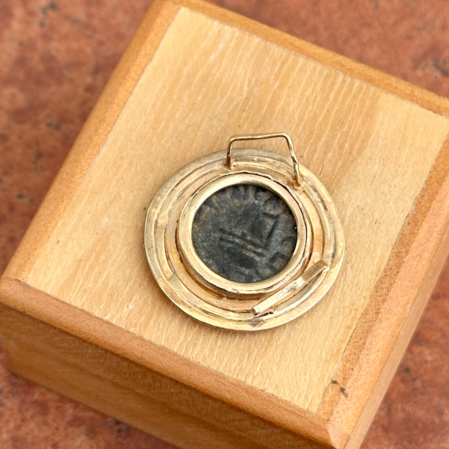 Estate 14KT Yellow Gold Antique Bronze Roman Coin Pendant Slide Bezel - LSJ
