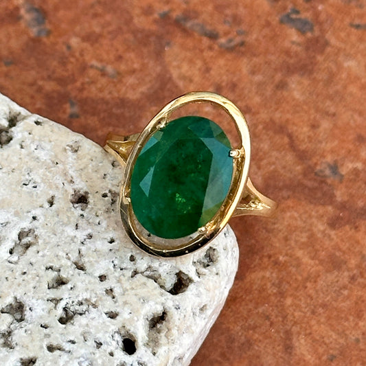 Estate 14KT Yellow Gold Dark Green Oval Faceted Emerald Ring
