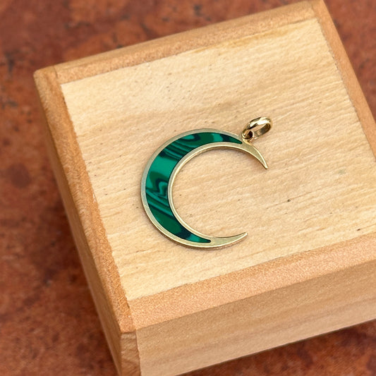 14KT Yellow Gold Green Malachite Inlayed Crescent Large Moon Pendant Charm