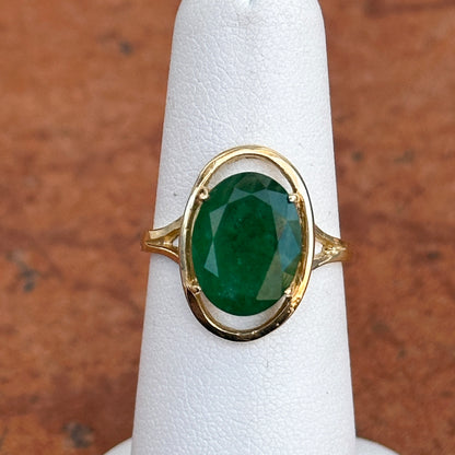 Estate 14KT Yellow Gold Dark Green Oval Faceted Emerald Ring