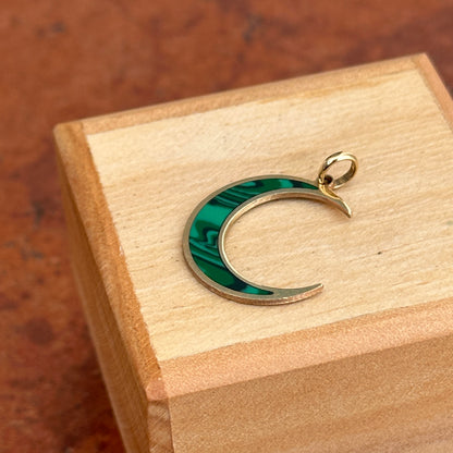 14KT Yellow Gold Green Malachite Inlayed Crescent Large Moon Pendant Charm