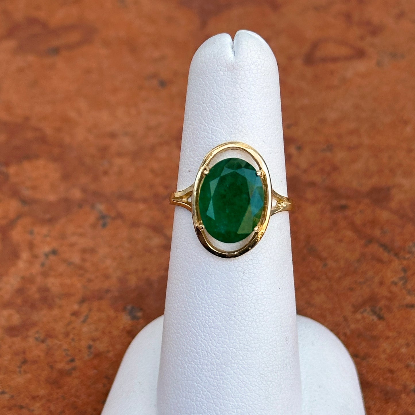 Estate 14KT Yellow Gold Dark Green Oval Faceted Emerald Ring