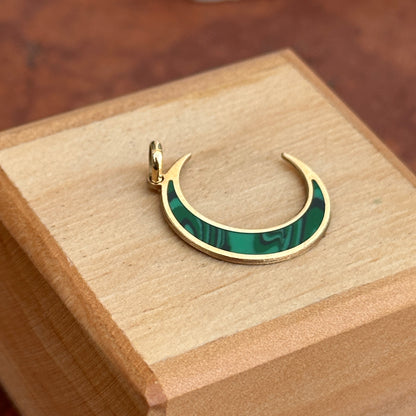 14KT Yellow Gold Green Malachite Inlayed Crescent Large Moon Pendant Charm