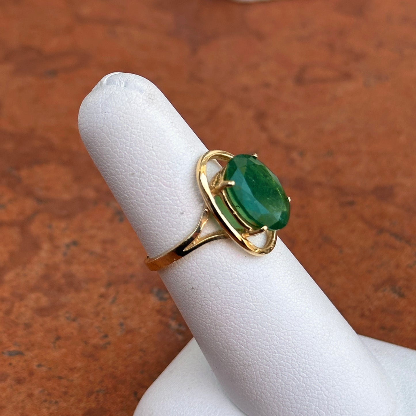 Estate 14KT Yellow Gold Dark Green Oval Faceted Emerald Ring